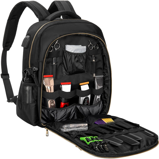 TORIBIO Barber Supplies Bag for Clippers and Supplies Hairstylist Clipper Portable Backpack for Barber Tools (Black + Gold)