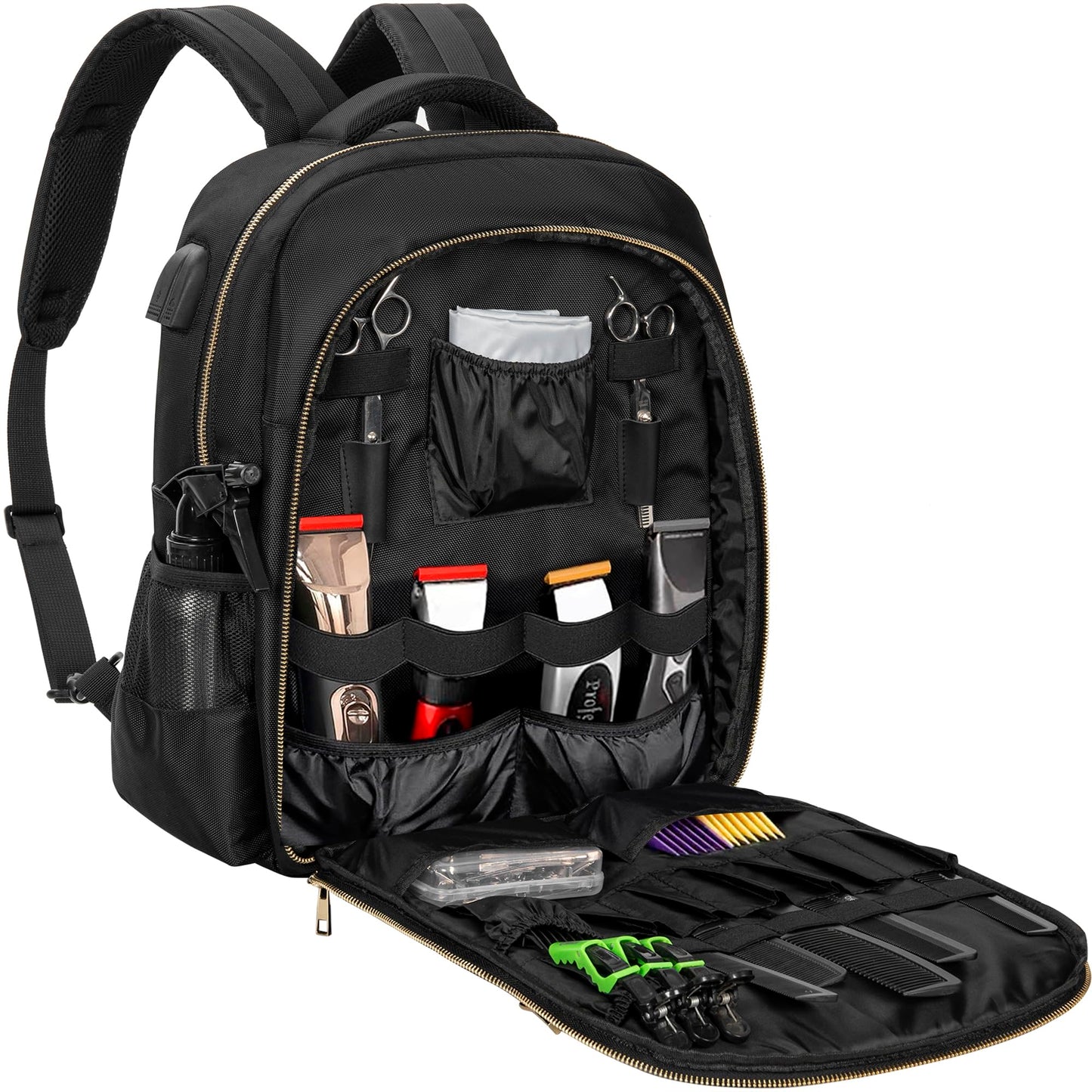 TORIBIO Barber Supplies Bag for Clippers and Supplies Hairstylist Clipper Portable Backpack for Barber Tools (Black + Gold)